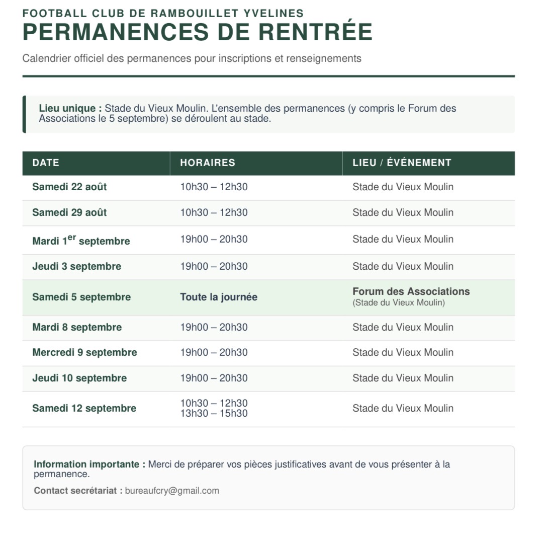 Rentrée 2026 au FCRY : Le planning des permanences pour vos inscriptions !